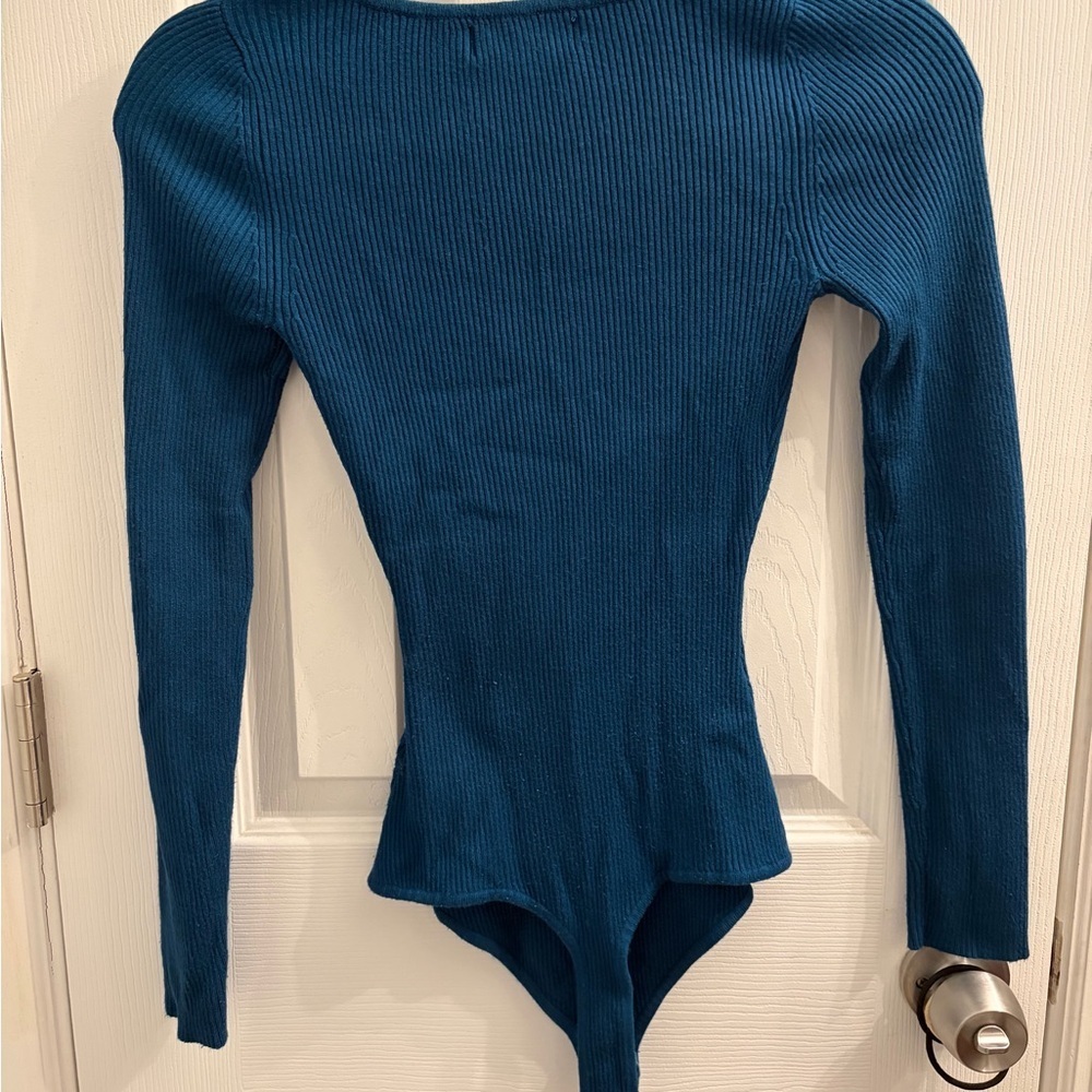 House of Harlow 1960 Balletcore Teal Long Sleeve Square Neck Bodysuit - Picture 2 of 6